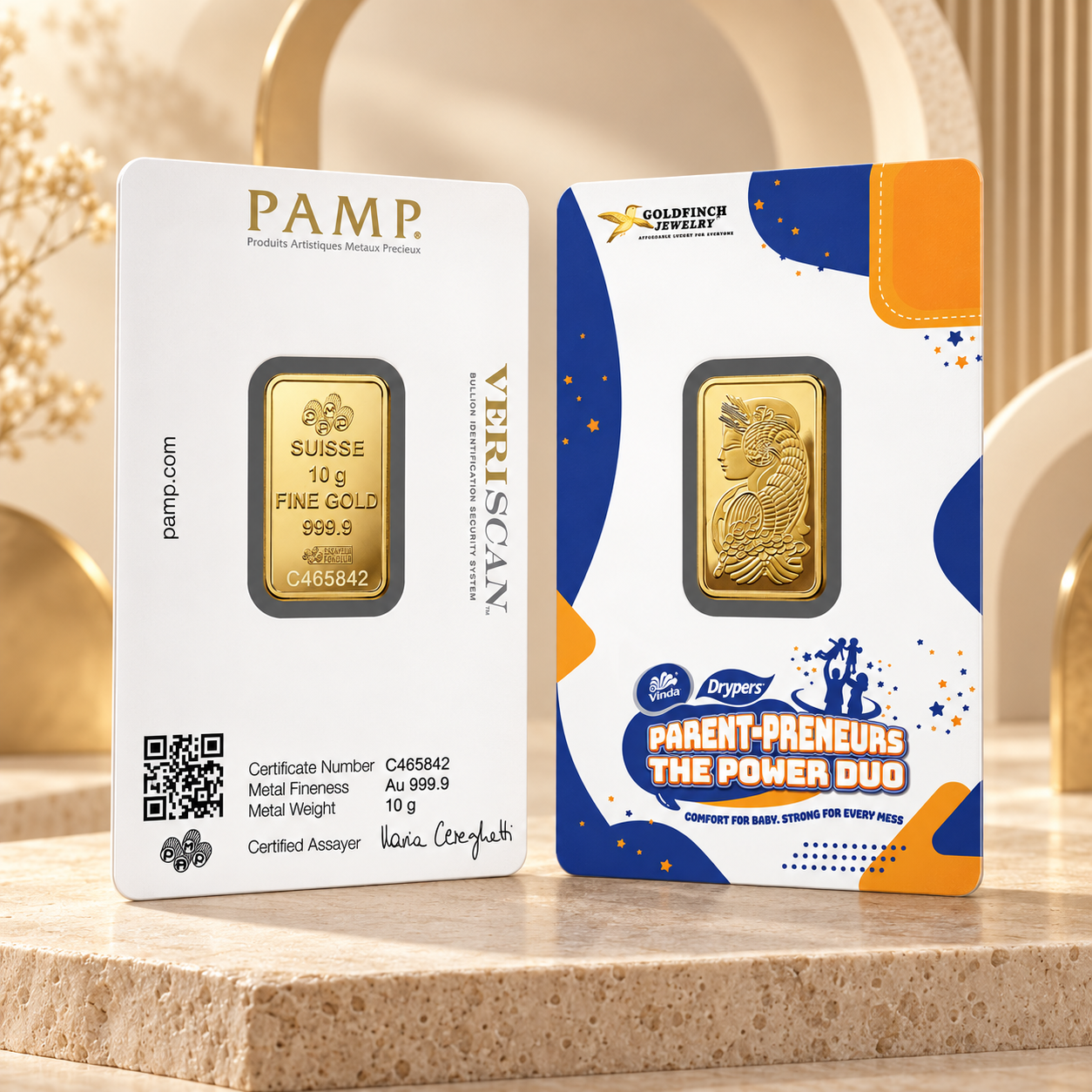 PAMP and Goldfinch Jewelry gold bars displayed in a luxury setting